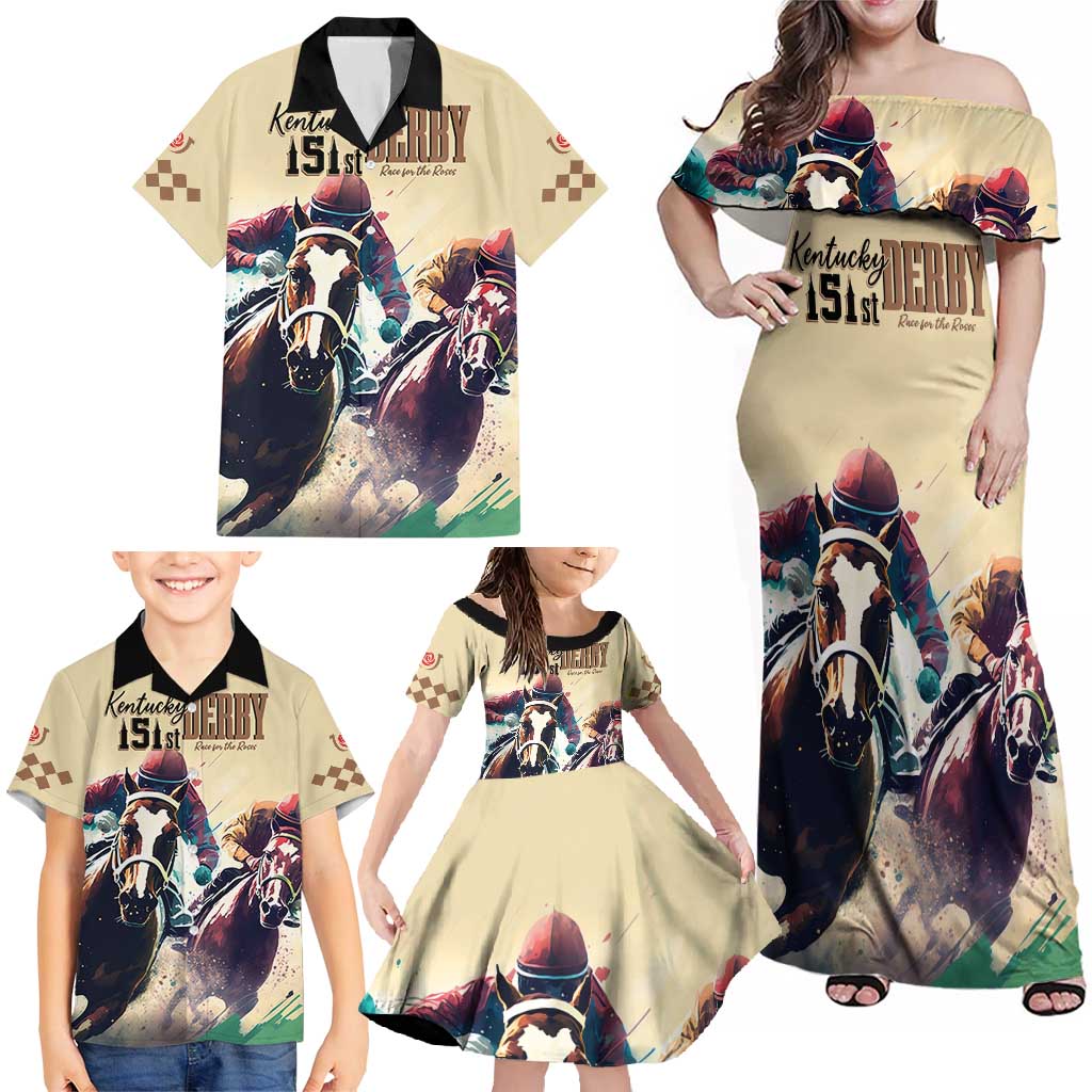 Kentucky Horse Racing 151st Personalized Family Matching Off Shoulder Maxi Dress and Hawaiian Shirt Derby Watercolor Style - Cream LT7
