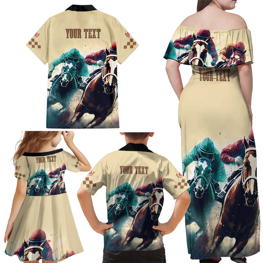 Kentucky Horse Racing 151st Personalized Family Matching Off Shoulder Maxi Dress and Hawaiian Shirt Derby Watercolor Style - Cream LT7