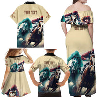 Kentucky Horse Racing 151st Personalized Family Matching Off Shoulder Maxi Dress and Hawaiian Shirt Derby Watercolor Style - Cream LT7