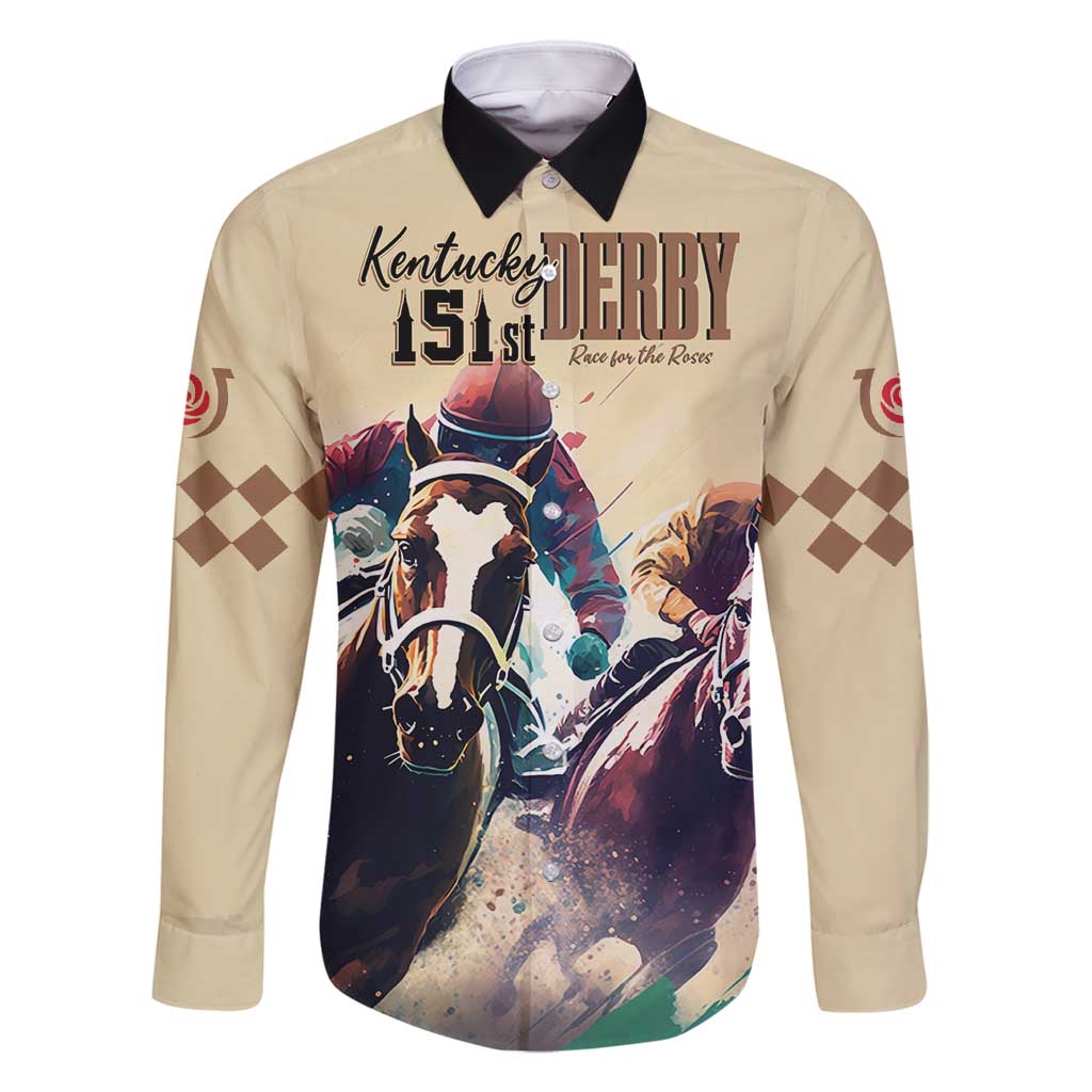 Kentucky Horse Racing 151st Personalized Family Matching Off Shoulder Maxi Dress and Hawaiian Shirt Derby Watercolor Style - Cream LT7