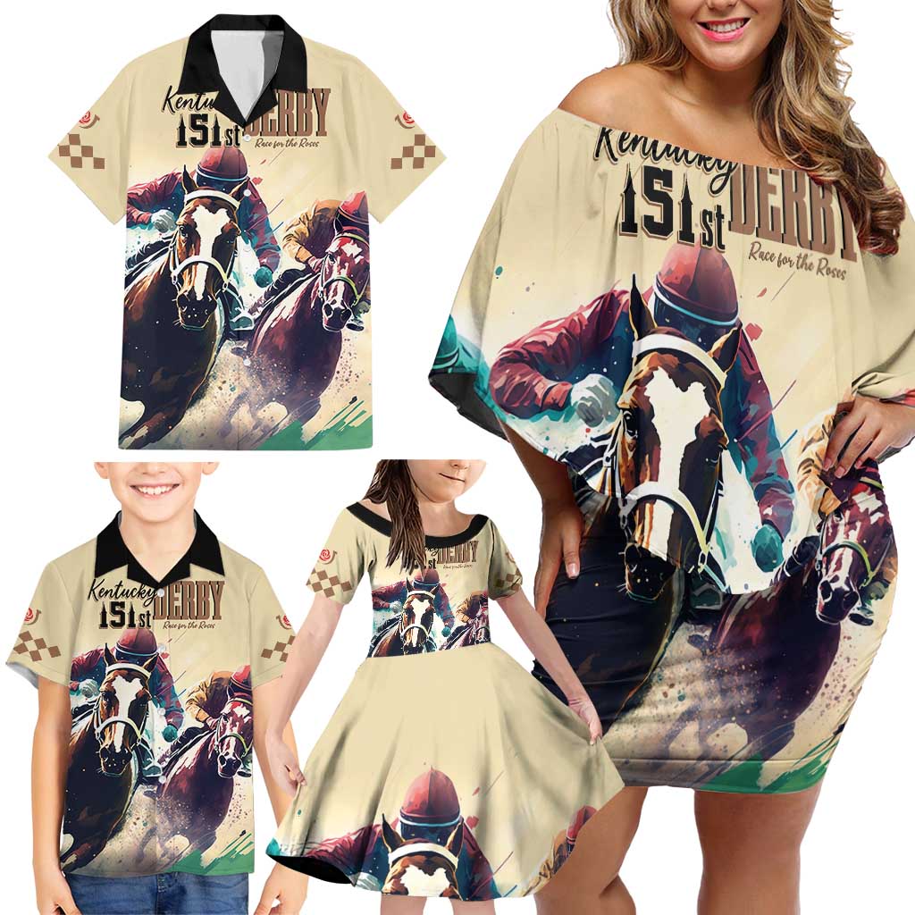 Kentucky Horse Racing 151st Personalized Family Matching Off Shoulder Short Dress and Hawaiian Shirt Derby Watercolor Style - Cream LT7