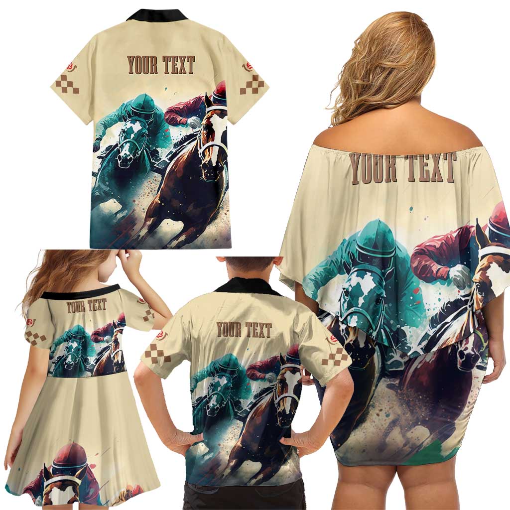 Kentucky Horse Racing 151st Personalized Family Matching Off Shoulder Short Dress and Hawaiian Shirt Derby Watercolor Style - Cream LT7