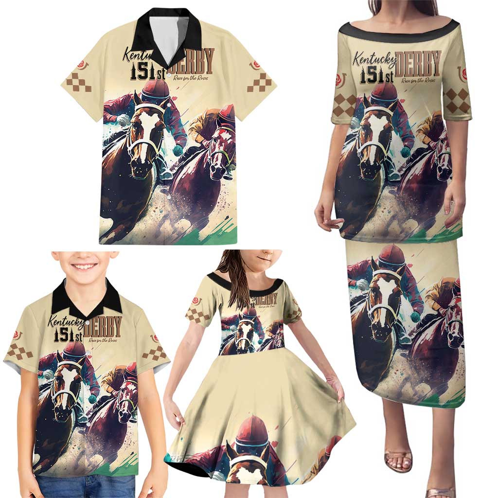 Kentucky Horse Racing 151st Personalized Family Matching Puletasi and Hawaiian Shirt Derby Watercolor Style - Cream LT7