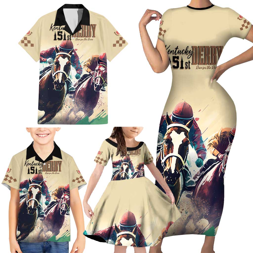 Kentucky Horse Racing 151st Personalized Family Matching Short Sleeve Bodycon Dress and Hawaiian Shirt Derby Watercolor Style - Cream LT7