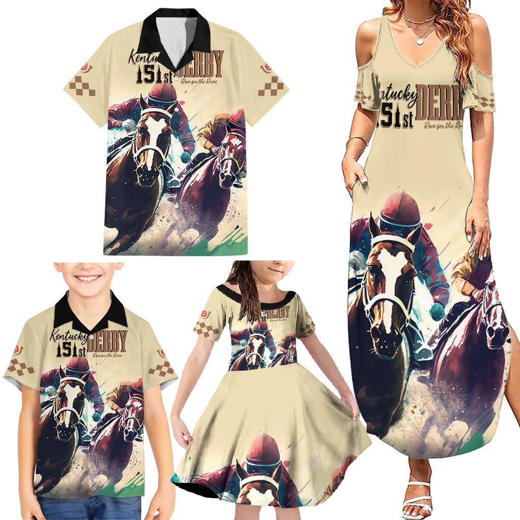 Kentucky Horse Racing 151st Personalized Family Matching Summer Maxi Dress and Hawaiian Shirt Derby Watercolor Style - Cream LT7