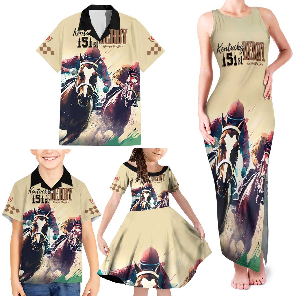 Kentucky Horse Racing 151st Personalized Family Matching Tank Maxi Dress and Hawaiian Shirt Derby Watercolor Style - Cream LT7