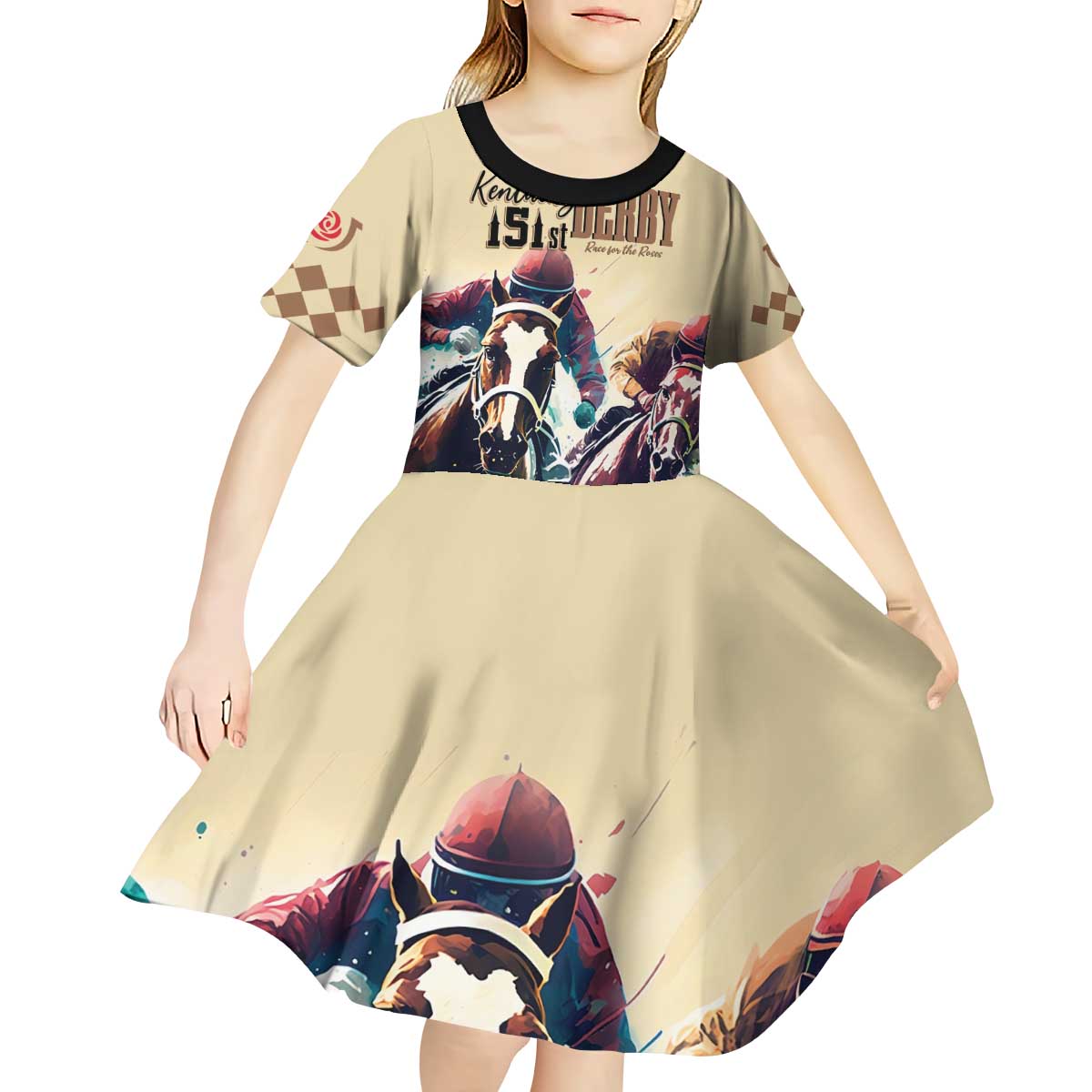 Kentucky Horse Racing 151st Personalized Kid Short Sleeve Dress Derby Watercolor Style - Cream LT7
