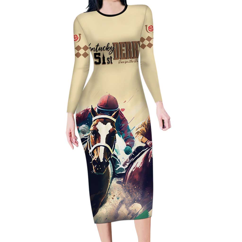 Kentucky Horse Racing 151st Personalized Long Sleeve Bodycon Dress Derby Watercolor Style - Cream LT7