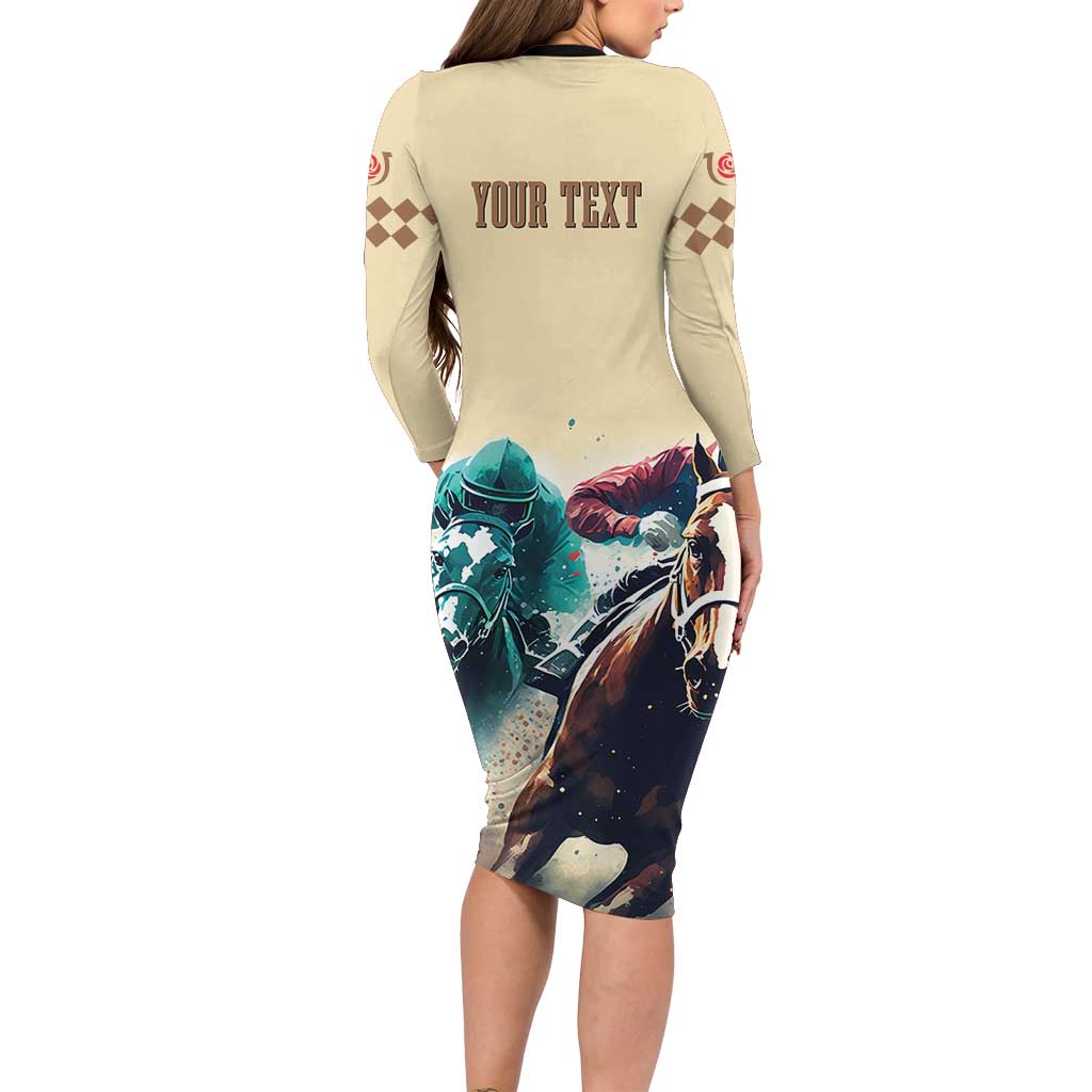 Kentucky Horse Racing 151st Personalized Long Sleeve Bodycon Dress Derby Watercolor Style - Cream LT7