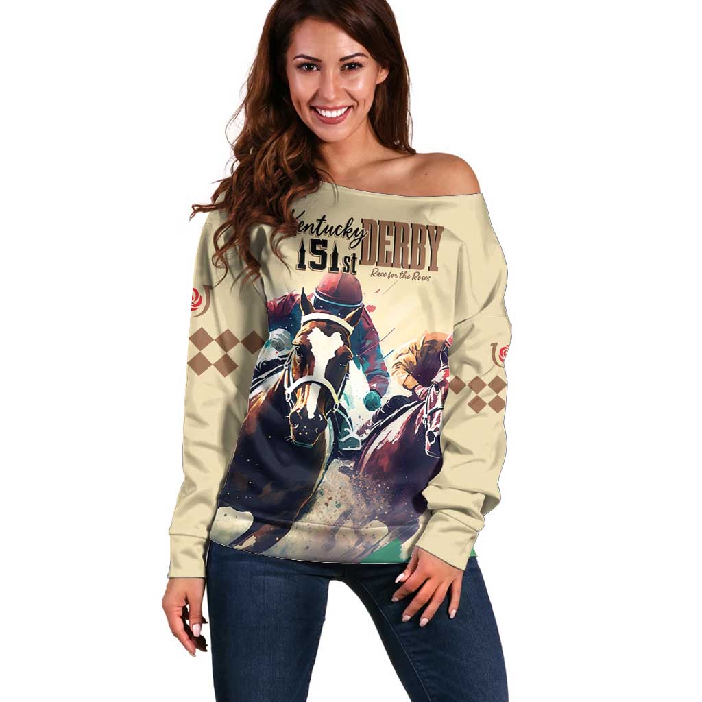 Kentucky Horse Racing 151st Personalized Off Shoulder Sweater Derby Watercolor Style - Cream LT7