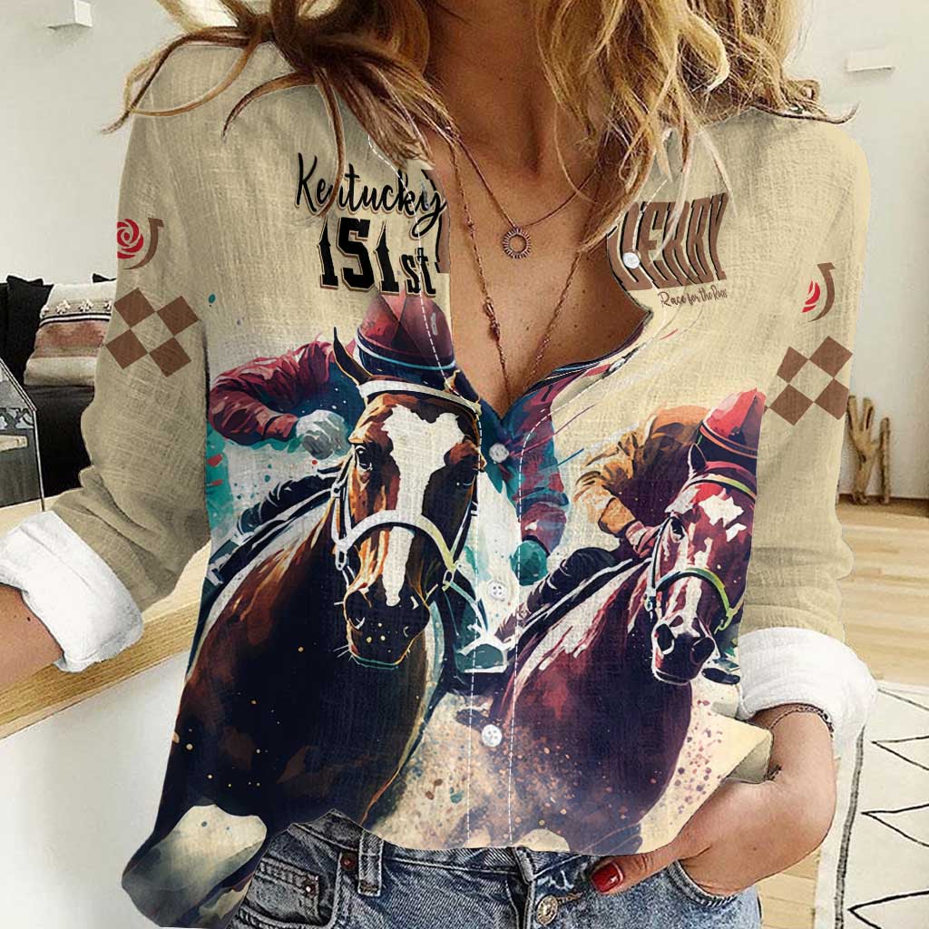 Kentucky Horse Racing 151st Personalized Women Casual Shirt Derby Watercolor Style - Cream LT7