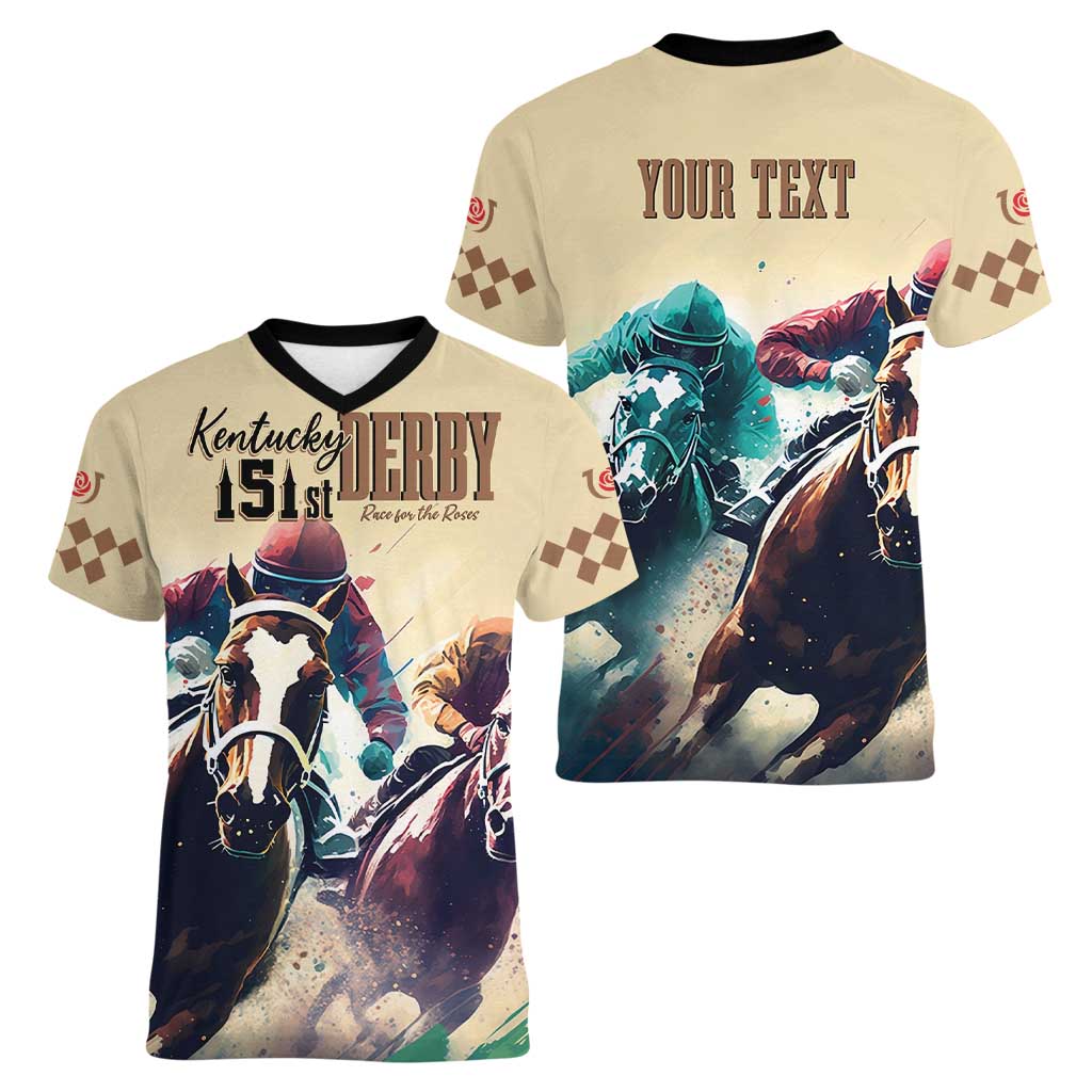 Kentucky Horse Racing 151st Personalized Women V Neck T Shirt Derby Watercolor Style - Cream LT7