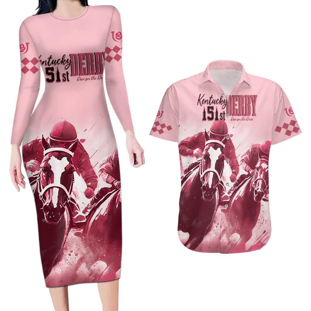 Kentucky Horse Racing 151st Personalized Couples Matching Long Sleeve Bodycon Dress and Hawaiian Shirt Derby Watercolor Style - Pink LT7