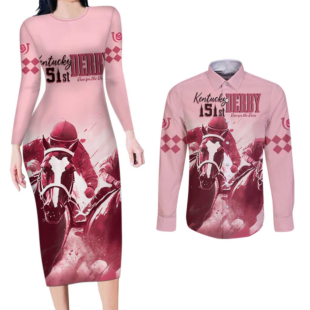 Kentucky Horse Racing 151st Personalized Couples Matching Long Sleeve Bodycon Dress and Long Sleeve Button Shirt Derby Watercolor Style - Pink LT7