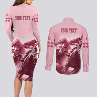 Kentucky Horse Racing 151st Personalized Couples Matching Long Sleeve Bodycon Dress and Long Sleeve Button Shirt Derby Watercolor Style - Pink LT7