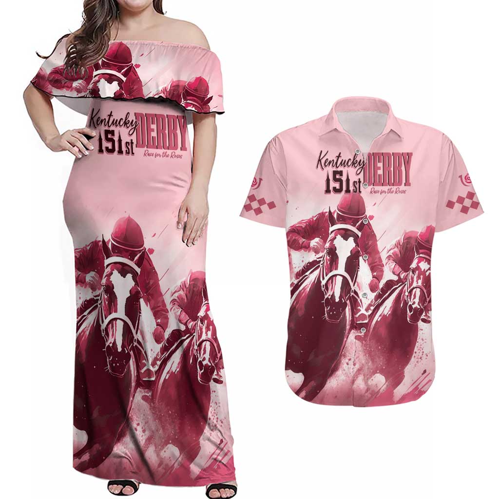 Kentucky Horse Racing 151st Personalized Couples Matching Off Shoulder Maxi Dress and Hawaiian Shirt Derby Watercolor Style - Pink LT7