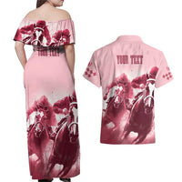 Kentucky Horse Racing 151st Personalized Couples Matching Off Shoulder Maxi Dress and Hawaiian Shirt Derby Watercolor Style - Pink LT7