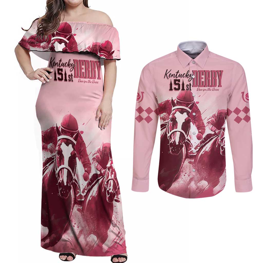 Kentucky Horse Racing 151st Personalized Couples Matching Off Shoulder Maxi Dress and Long Sleeve Button Shirt Derby Watercolor Style - Pink LT7
