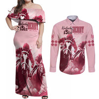 Kentucky Horse Racing 151st Personalized Couples Matching Off Shoulder Maxi Dress and Long Sleeve Button Shirt Derby Watercolor Style - Pink LT7