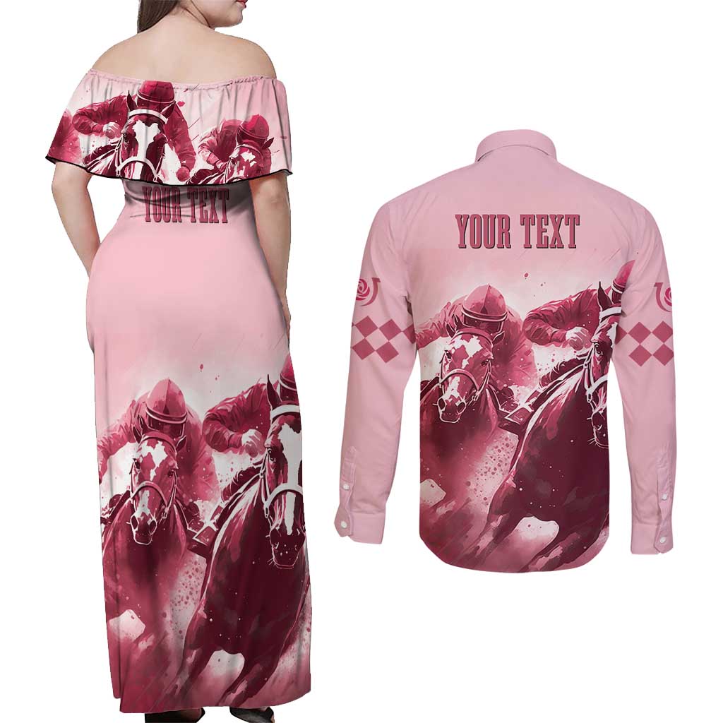 Kentucky Horse Racing 151st Personalized Couples Matching Off Shoulder Maxi Dress and Long Sleeve Button Shirt Derby Watercolor Style - Pink LT7