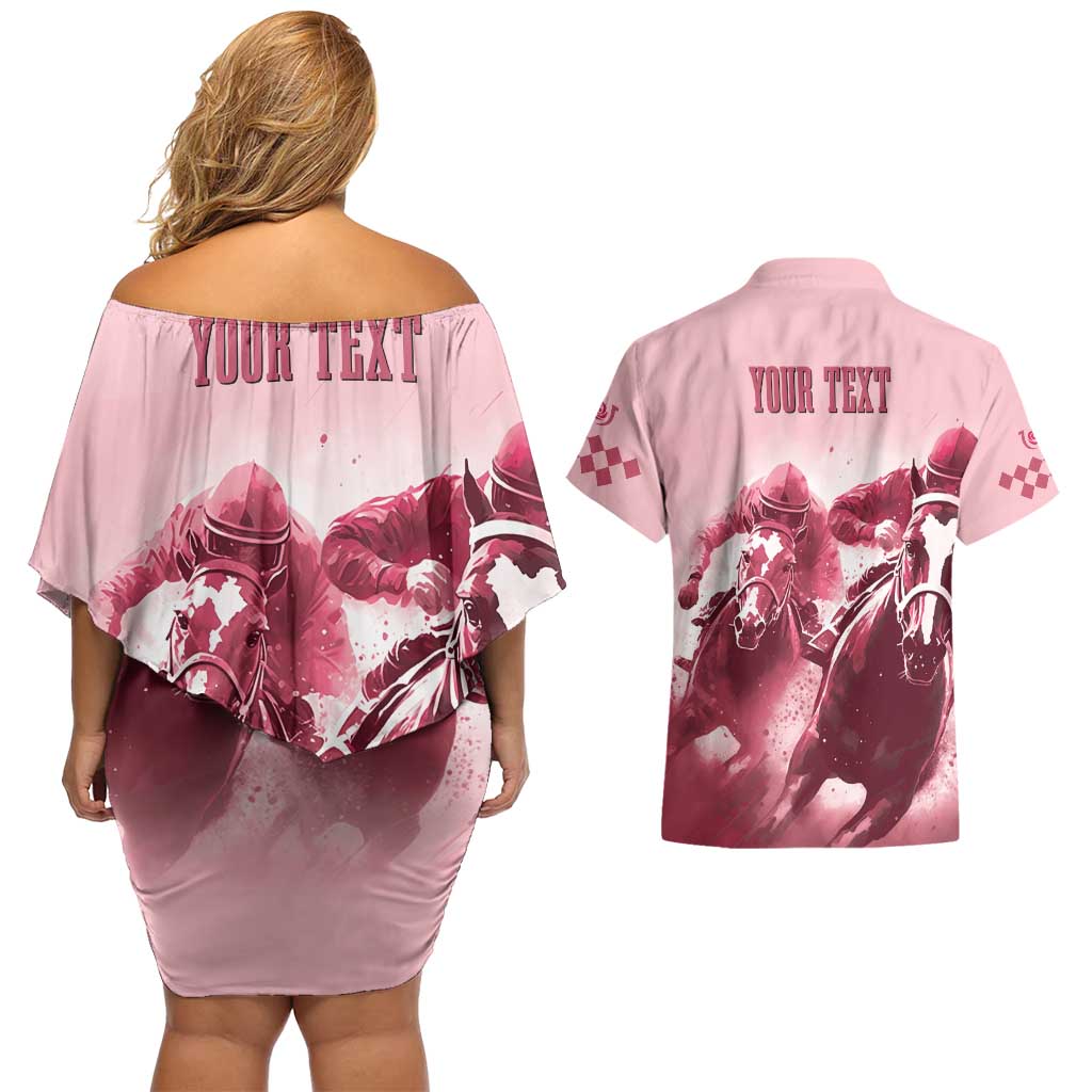 Kentucky Horse Racing 151st Personalized Couples Matching Off Shoulder Short Dress and Hawaiian Shirt Derby Watercolor Style - Pink LT7