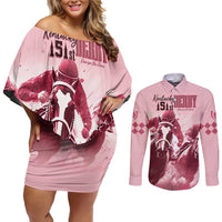 Kentucky Horse Racing 151st Personalized Couples Matching Off Shoulder Short Dress and Long Sleeve Button Shirt Derby Watercolor Style - Pink LT7