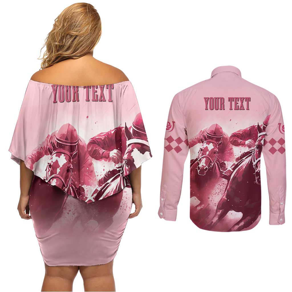 Kentucky Horse Racing 151st Personalized Couples Matching Off Shoulder Short Dress and Long Sleeve Button Shirt Derby Watercolor Style - Pink LT7