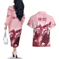 Kentucky Horse Racing 151st Personalized Couples Matching Off The Shoulder Long Sleeve Dress and Hawaiian Shirt Derby Watercolor Style - Pink LT7