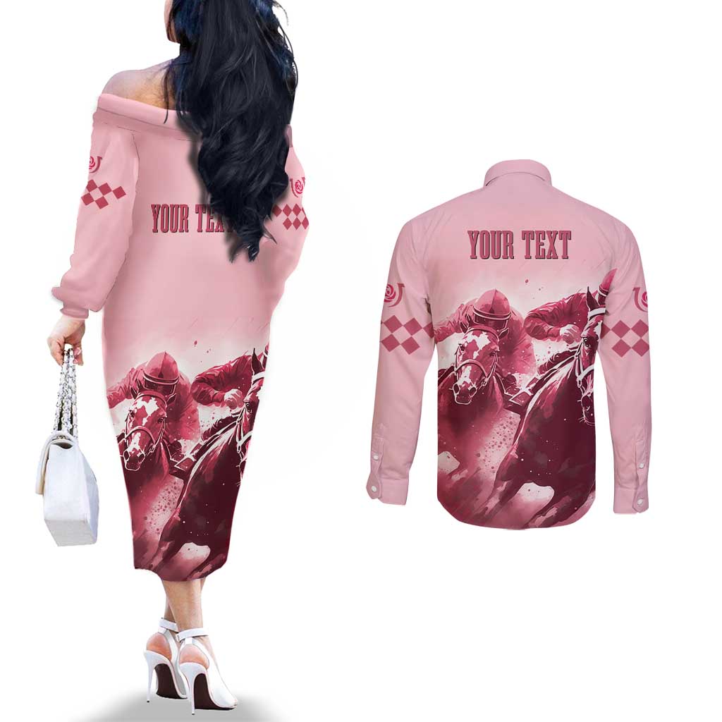 Kentucky Horse Racing 151st Personalized Couples Matching Off The Shoulder Long Sleeve Dress and Long Sleeve Button Shirt Derby Watercolor Style - Pink LT7