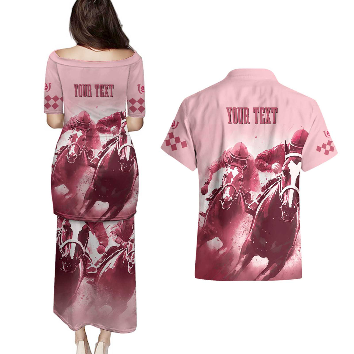 Kentucky Horse Racing 151st Personalized Couples Matching Puletasi and Hawaiian Shirt Derby Watercolor Style - Pink LT7
