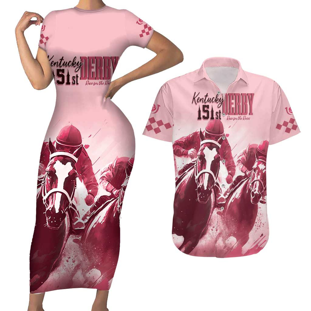 Kentucky Horse Racing 151st Personalized Couples Matching Short Sleeve Bodycon Dress and Hawaiian Shirt Derby Watercolor Style - Pink LT7