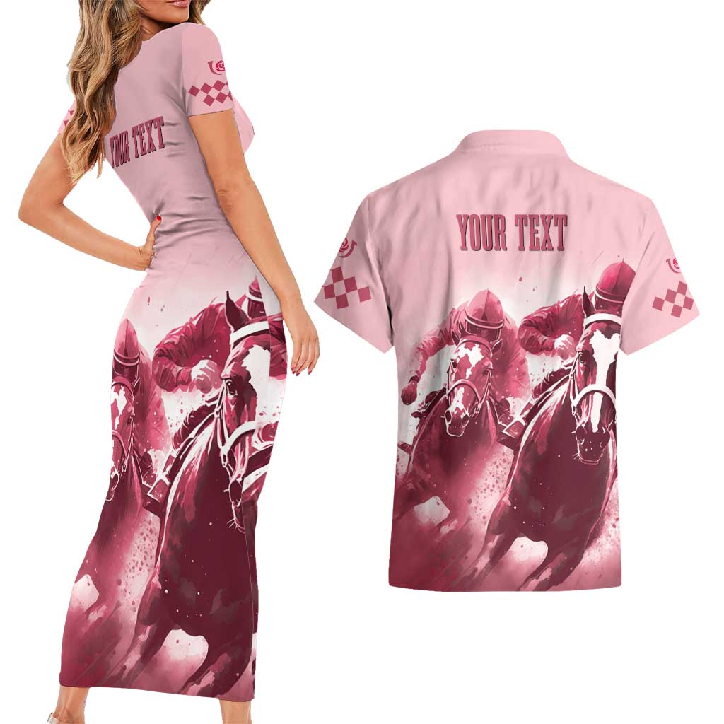 Kentucky Horse Racing 151st Personalized Couples Matching Short Sleeve Bodycon Dress and Hawaiian Shirt Derby Watercolor Style - Pink LT7