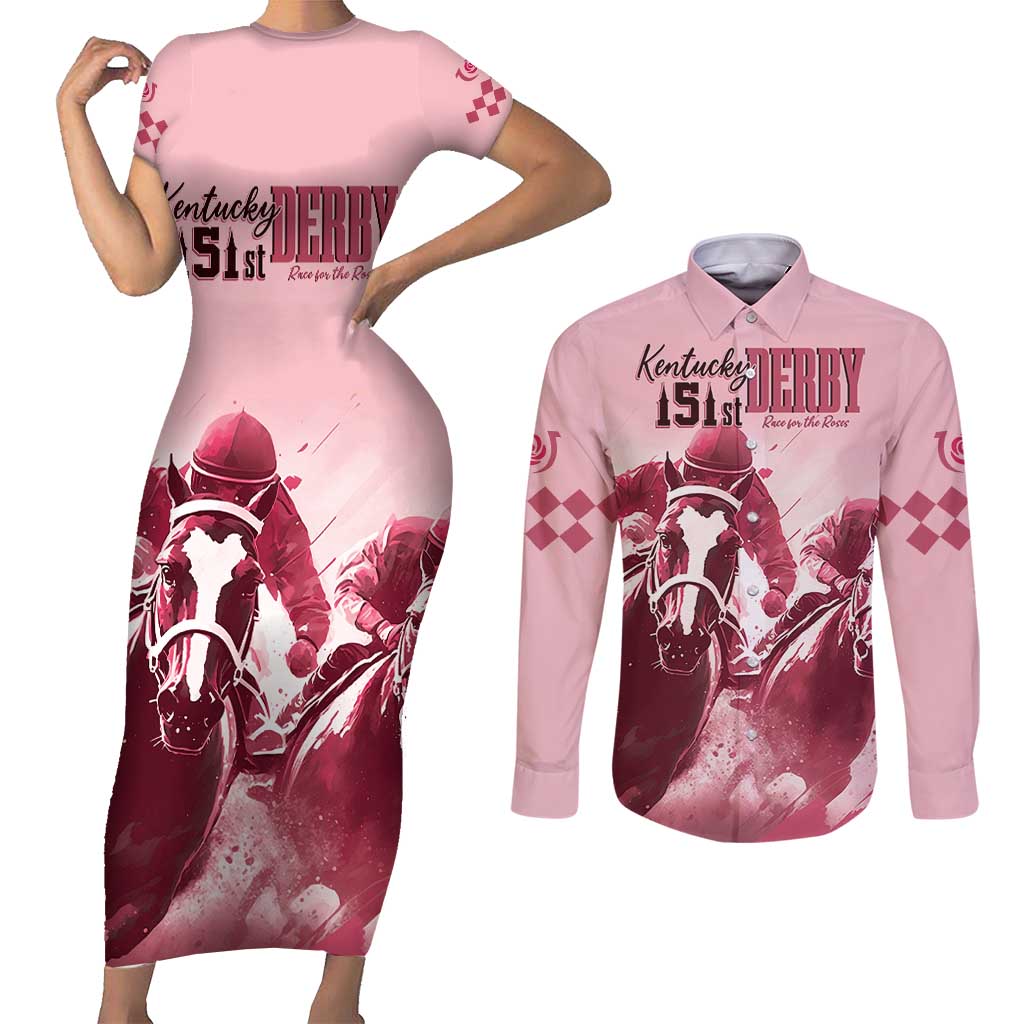Kentucky Horse Racing 151st Personalized Couples Matching Short Sleeve Bodycon Dress and Long Sleeve Button Shirt Derby Watercolor Style - Pink LT7