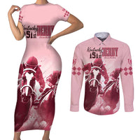 Kentucky Horse Racing 151st Personalized Couples Matching Short Sleeve Bodycon Dress and Long Sleeve Button Shirt Derby Watercolor Style - Pink LT7