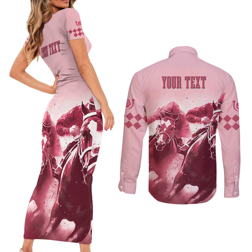 Kentucky Horse Racing 151st Personalized Couples Matching Short Sleeve Bodycon Dress and Long Sleeve Button Shirt Derby Watercolor Style - Pink LT7