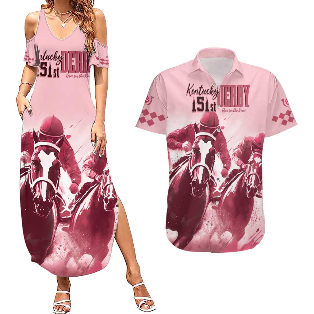 Kentucky Horse Racing 151st Personalized Couples Matching Summer Maxi Dress and Hawaiian Shirt Derby Watercolor Style - Pink LT7