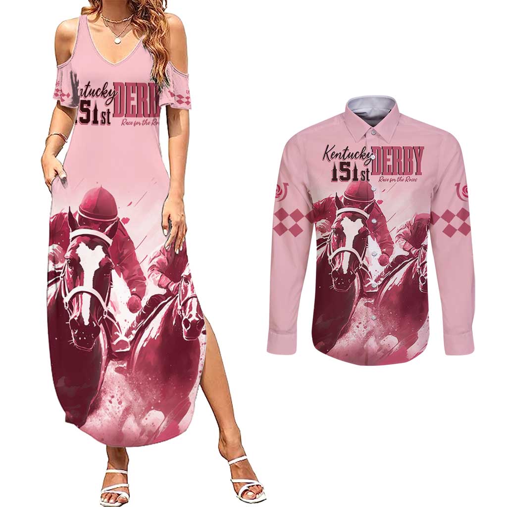 Kentucky Horse Racing 151st Personalized Couples Matching Summer Maxi Dress and Long Sleeve Button Shirt Derby Watercolor Style - Pink LT7