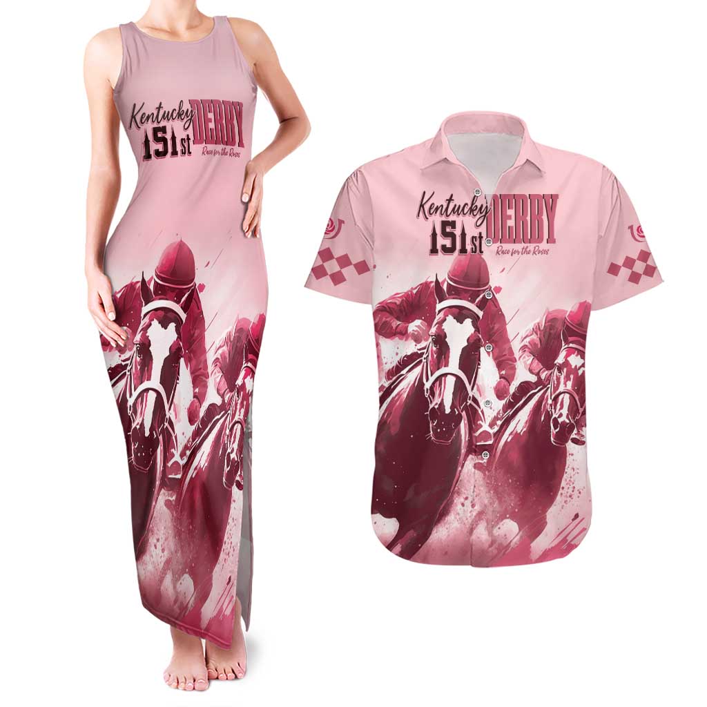 Kentucky Horse Racing 151st Personalized Couples Matching Tank Maxi Dress and Hawaiian Shirt Derby Watercolor Style - Pink LT7