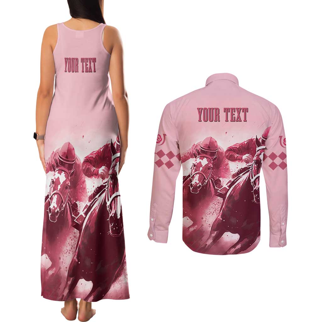 Kentucky Horse Racing 151st Personalized Couples Matching Tank Maxi Dress and Long Sleeve Button Shirt Derby Watercolor Style - Pink LT7