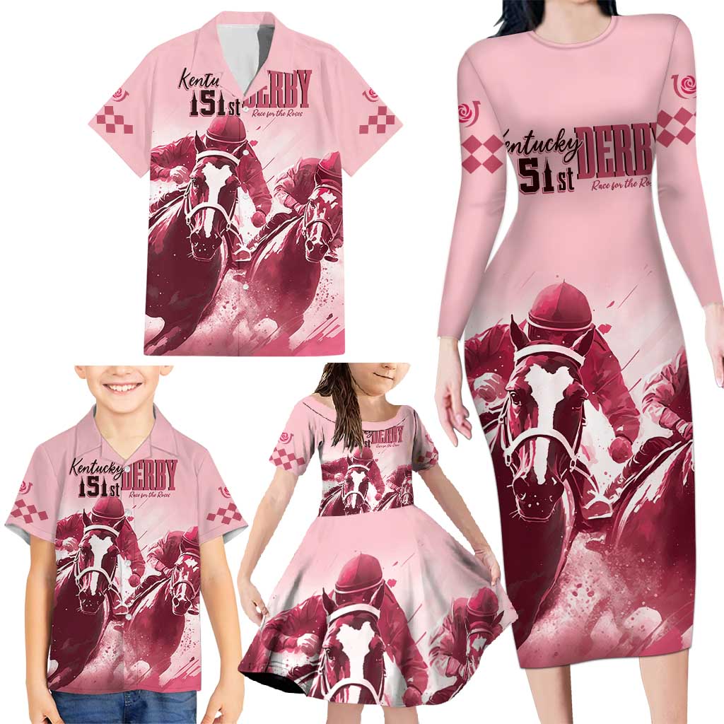 Kentucky Horse Racing 151st Personalized Family Matching Long Sleeve Bodycon Dress and Hawaiian Shirt Derby Watercolor Style - Pink LT7