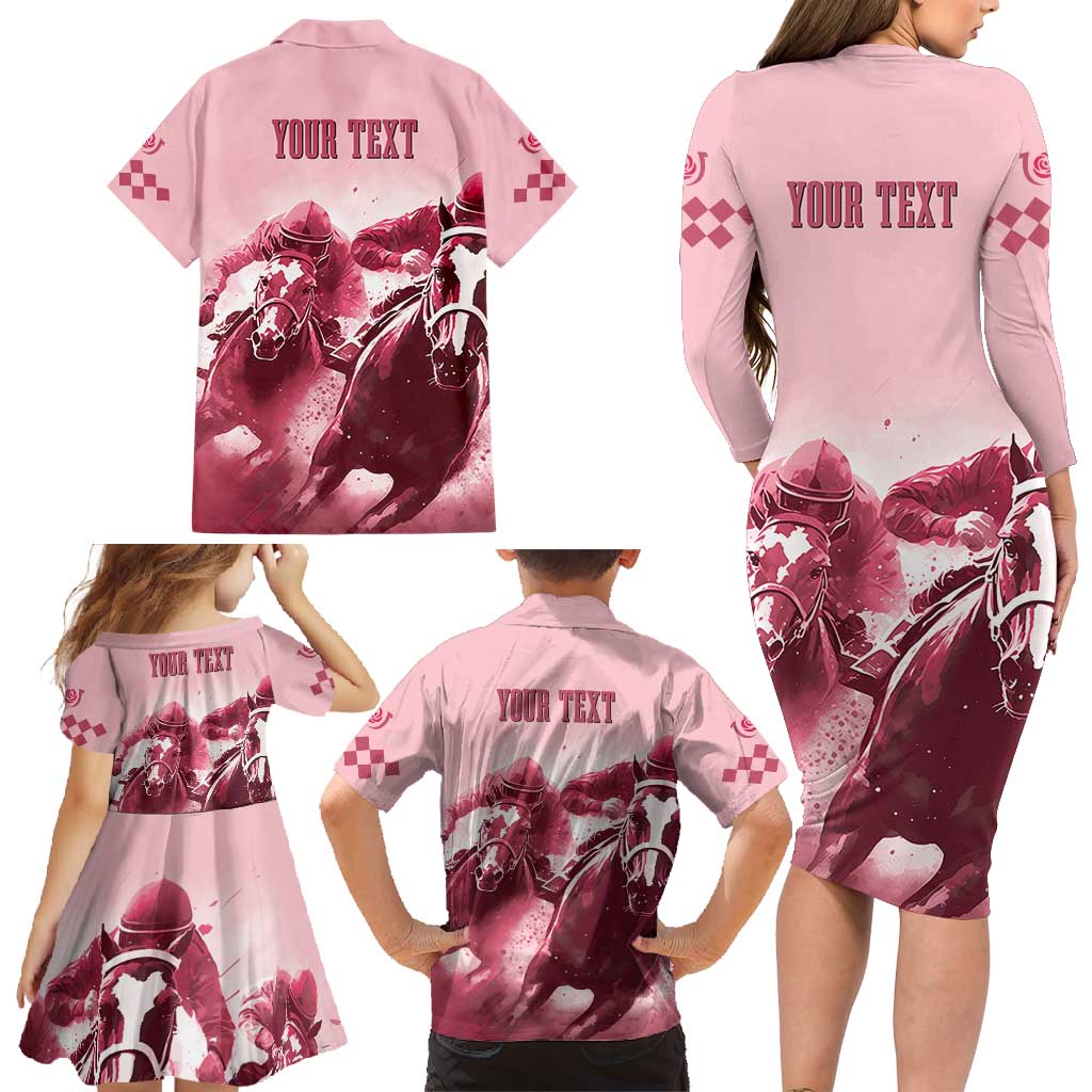 Kentucky Horse Racing 151st Personalized Family Matching Long Sleeve Bodycon Dress and Hawaiian Shirt Derby Watercolor Style - Pink LT7