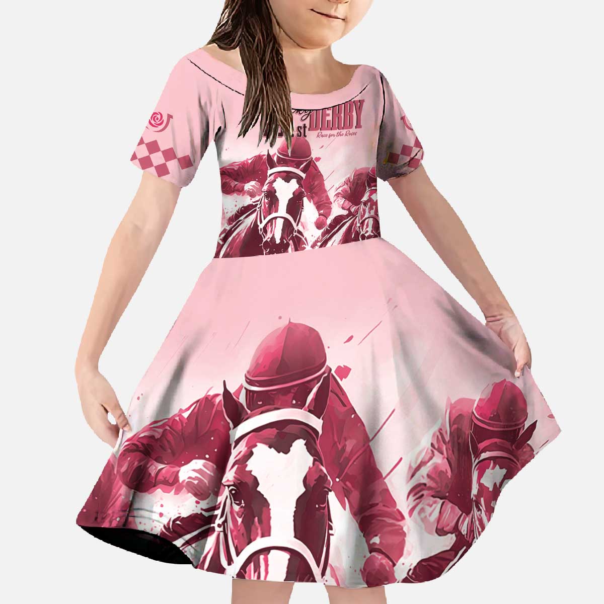 Kentucky Horse Racing 151st Personalized Family Matching Off Shoulder Long Sleeve Dress and Hawaiian Shirt Derby Watercolor Style - Pink LT7