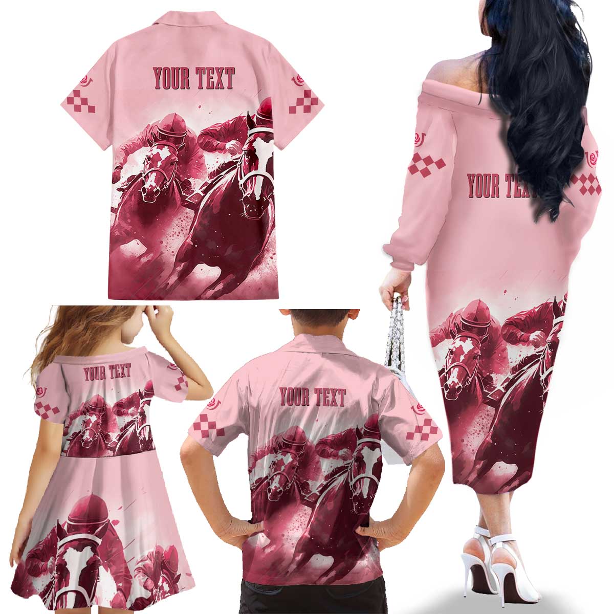 Kentucky Horse Racing 151st Personalized Family Matching Off Shoulder Long Sleeve Dress and Hawaiian Shirt Derby Watercolor Style - Pink LT7