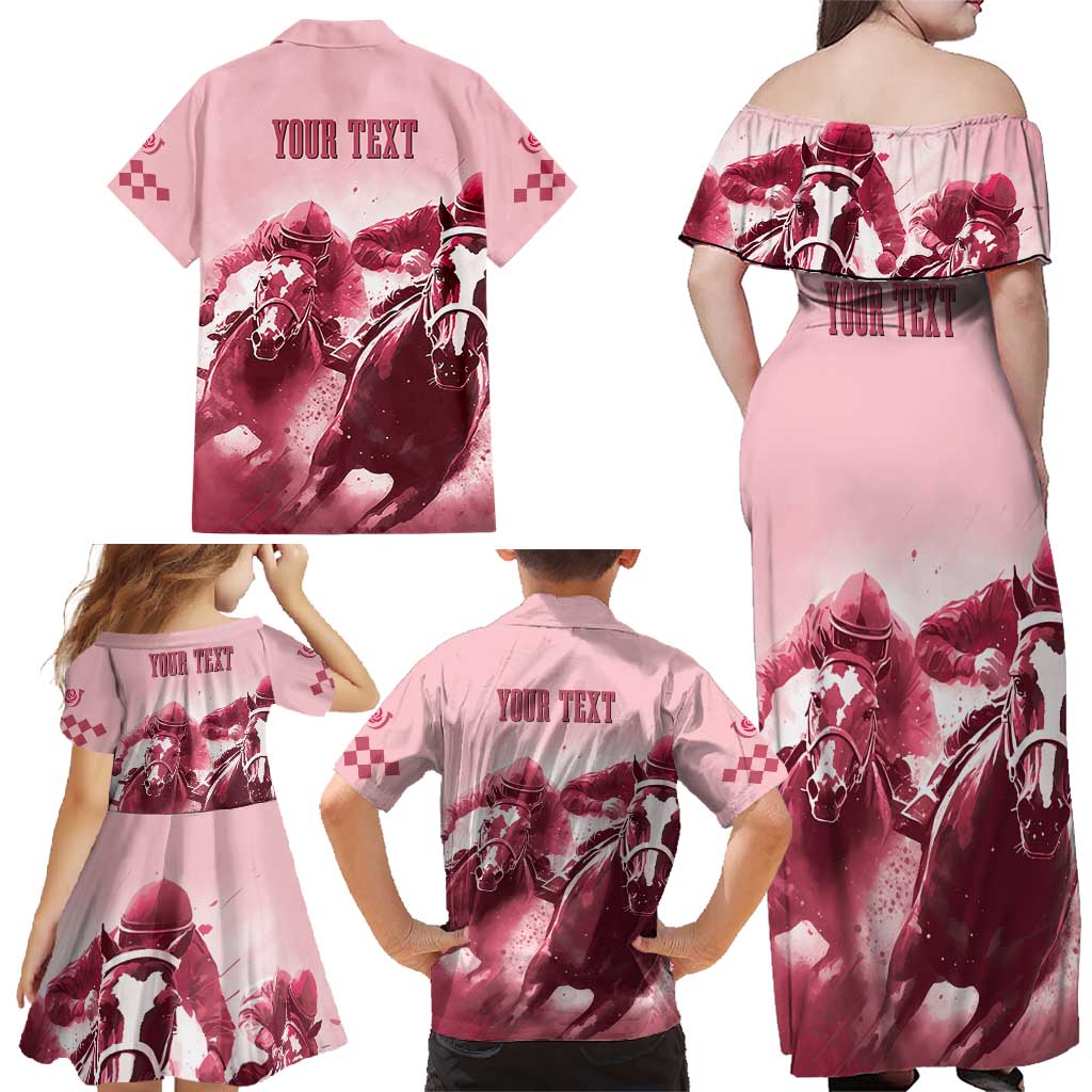 Kentucky Horse Racing 151st Personalized Family Matching Off Shoulder Maxi Dress and Hawaiian Shirt Derby Watercolor Style - Pink LT7