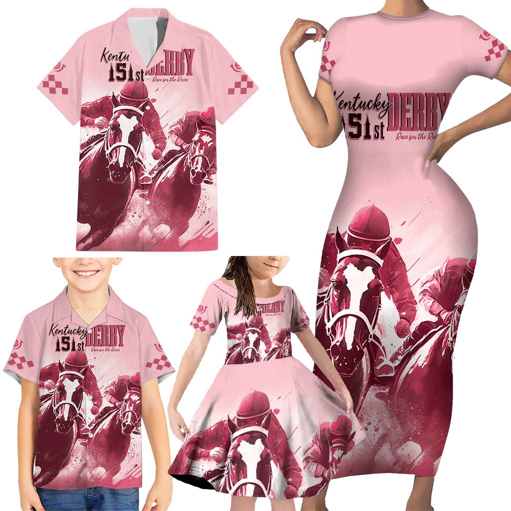 Kentucky Horse Racing 151st Personalized Family Matching Short Sleeve Bodycon Dress and Hawaiian Shirt Derby Watercolor Style - Pink LT7