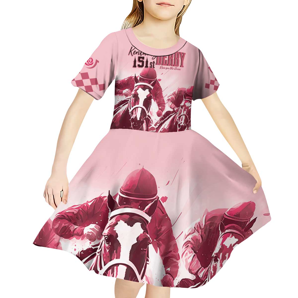 Kentucky Horse Racing 151st Personalized Kid Short Sleeve Dress Derby Watercolor Style - Pink LT7