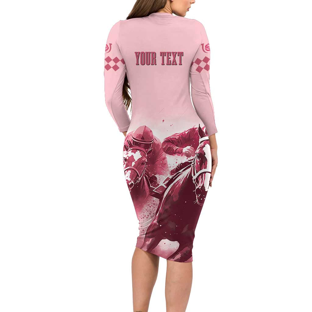Kentucky Horse Racing 151st Personalized Long Sleeve Bodycon Dress Derby Watercolor Style - Pink LT7