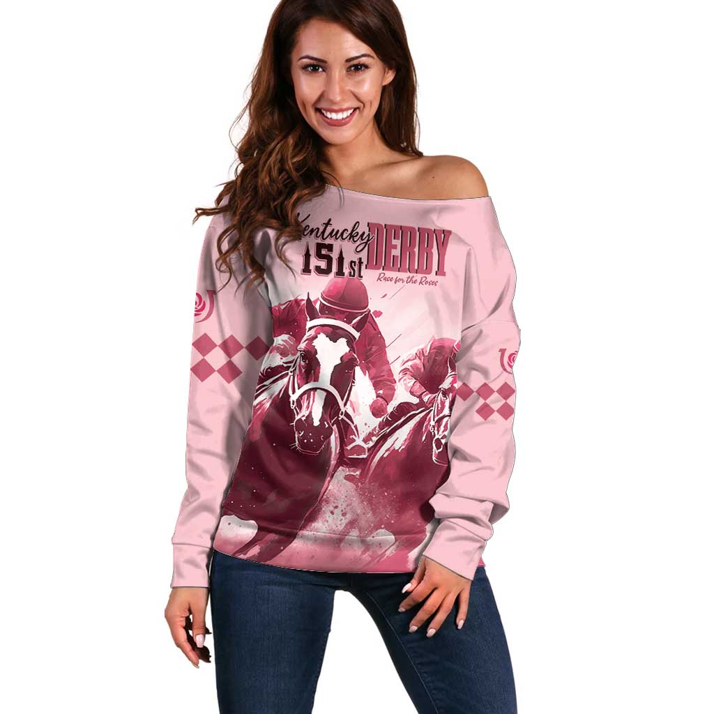 Kentucky Horse Racing 151st Personalized Off Shoulder Sweater Derby Watercolor Style - Pink LT7