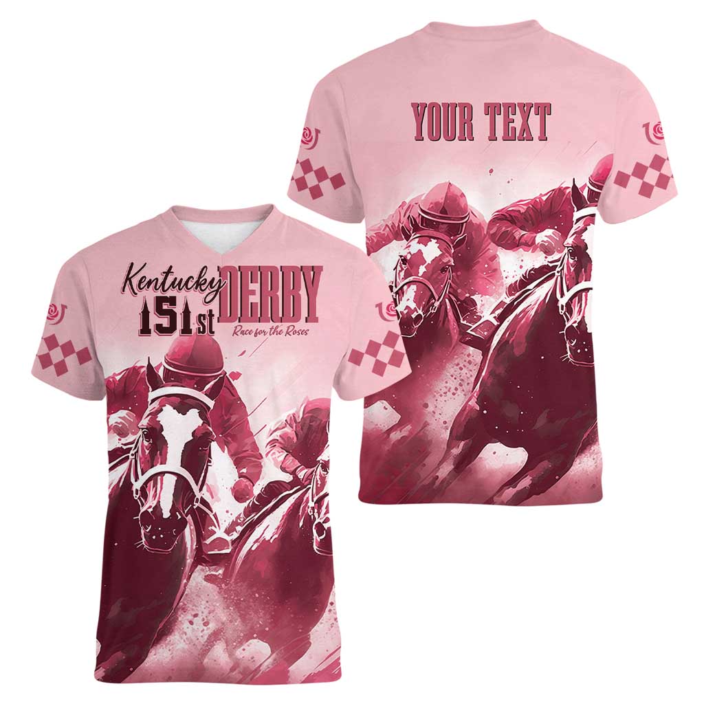 Kentucky Horse Racing 151st Personalized Women V Neck T Shirt Derby Watercolor Style - Pink LT7