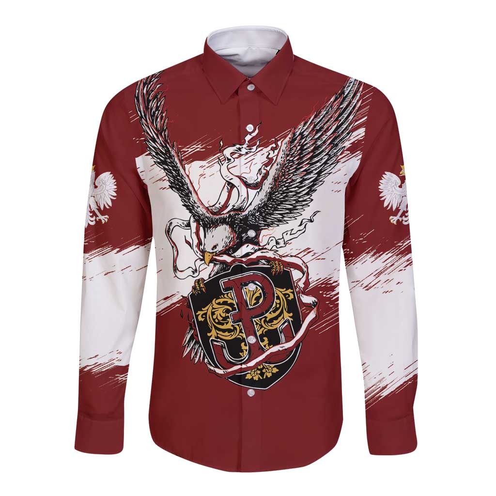 Poland Personalized Grunge Eagle Long Sleeve Button Shirt Polska Walczaca